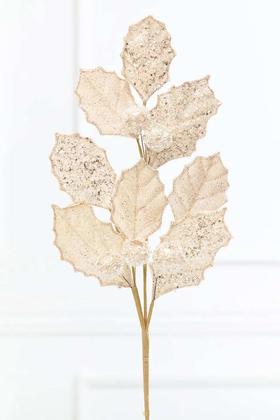 27" Champagne Glitter Berry Leaf Spray