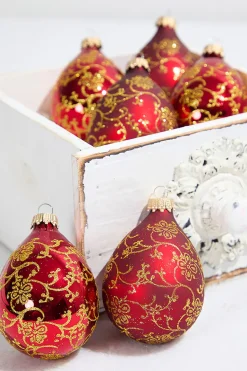 6ct Glass Drop Christmas Red & Red Velvet with Gold Floral Glitterlace
