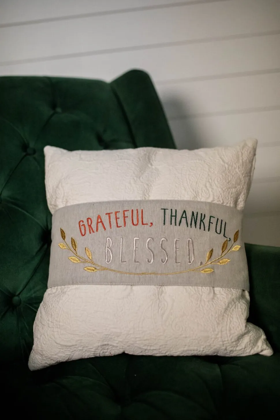 Fabric “Grateful, Thankful, Blessed" Pillow Wrap (16"L x 6"H)