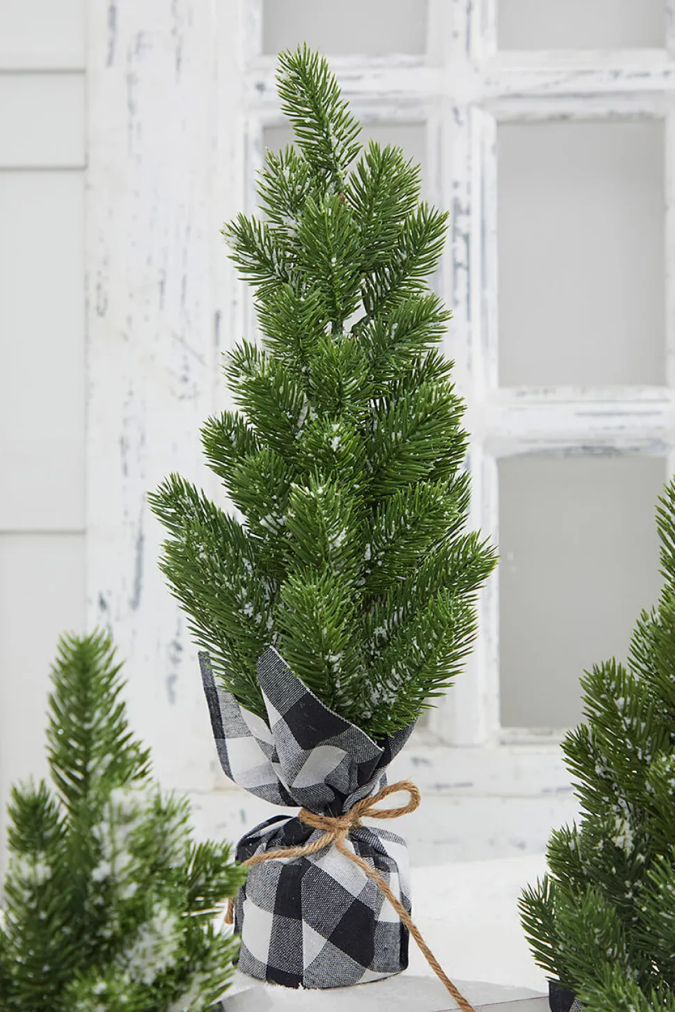 Flocked Pine Tree With Plaid Fabric - Large