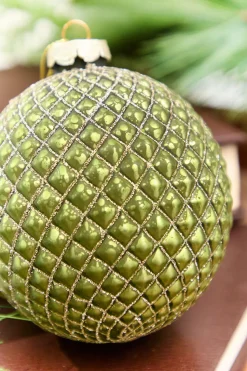 4" Green Glass Quilted Glitter Check Ball Ornament