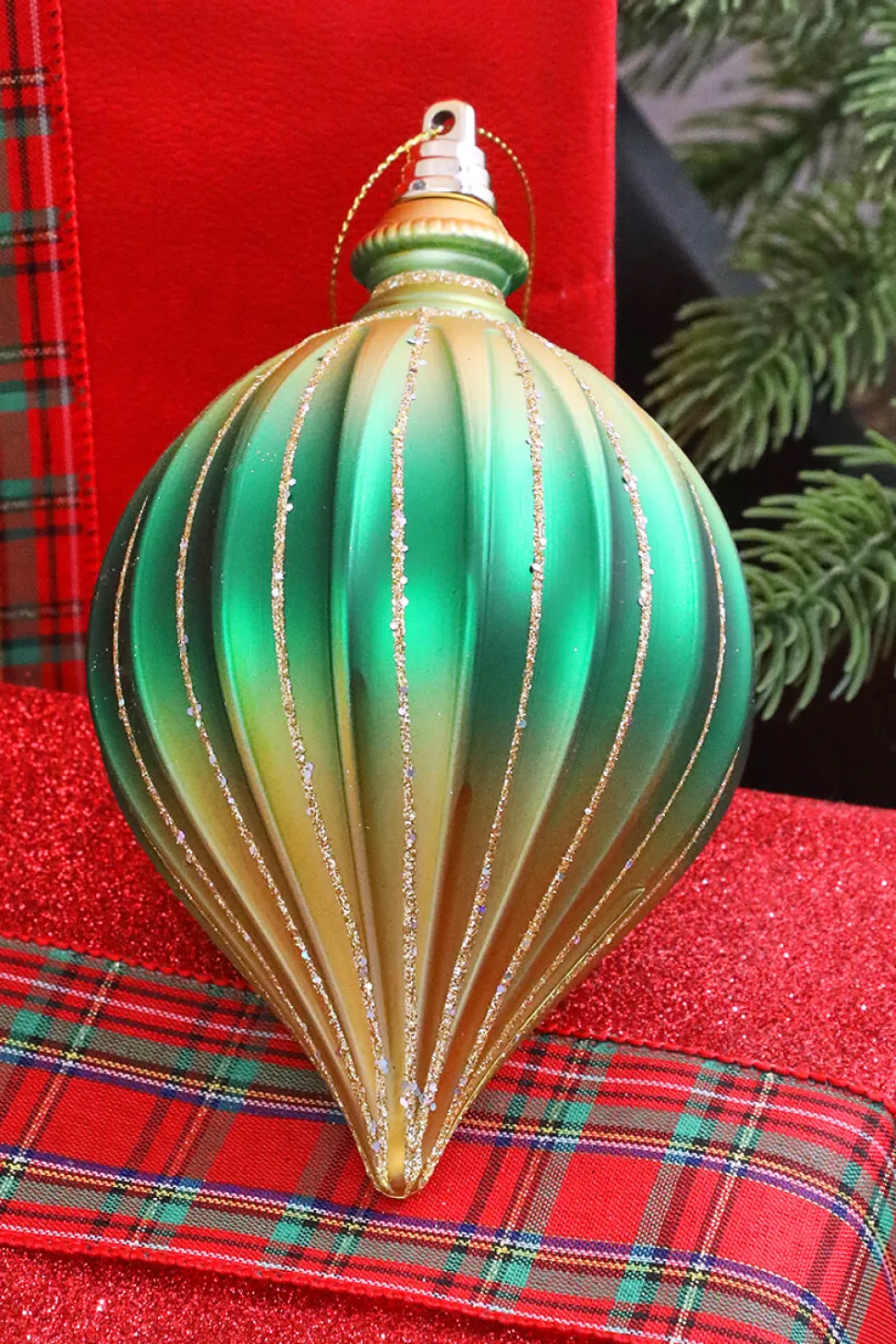 6” Green & Gold Drop Ornament