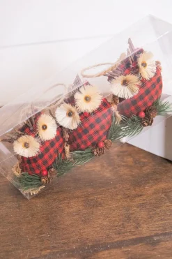 4” Holiday Plaid Owl Ornaments - Set of 3