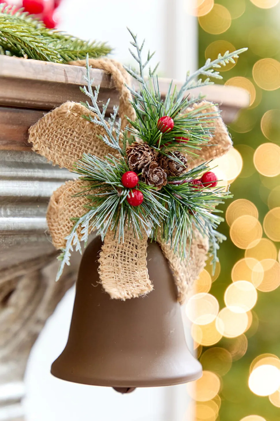 4" Holly & Pinecone Metal Bell Ornament