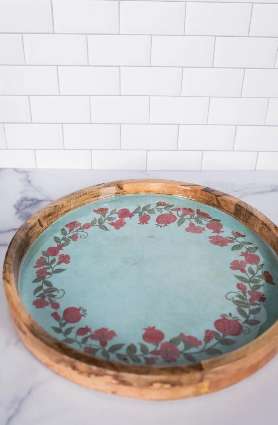 15" Mango Wood Pomegranate Wreath Tray