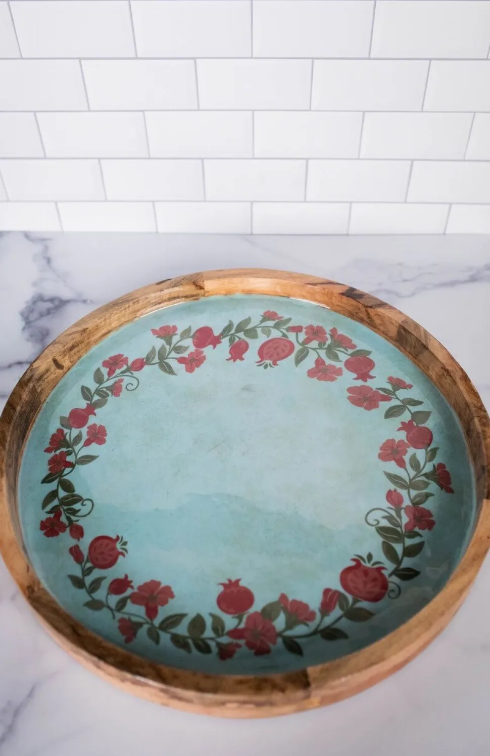 15" Mango Wood Pomegranate Wreath Tray