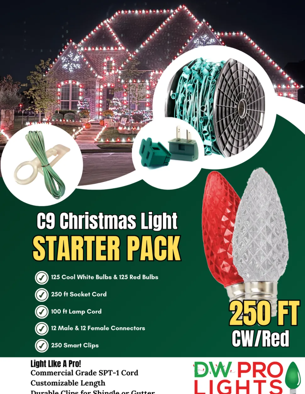 250' Outdoor Christmas Lighting Kit - Cool White/Red