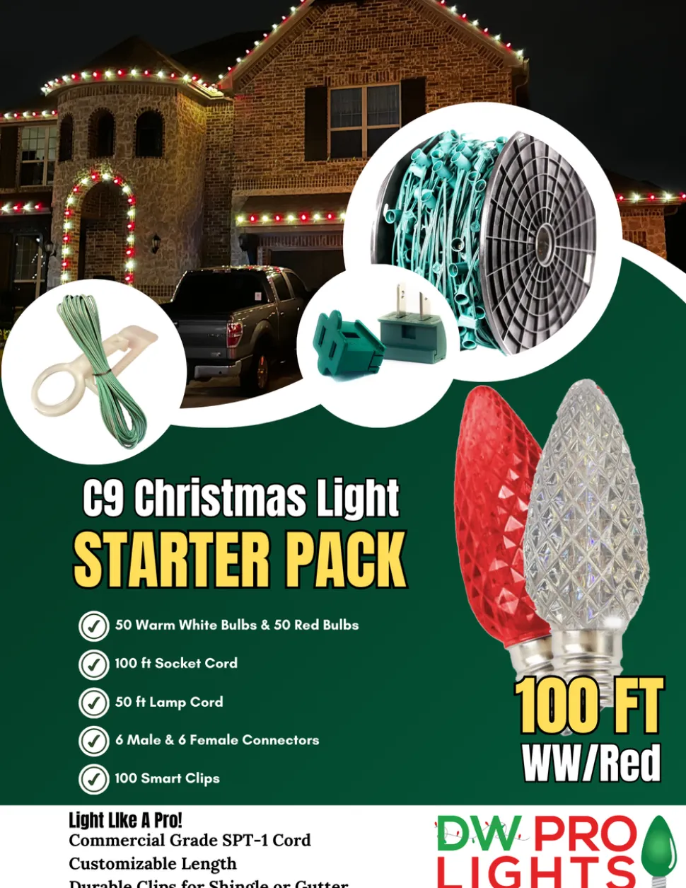 100' Outdoor Christmas Lighting Kit - Warm White/Red