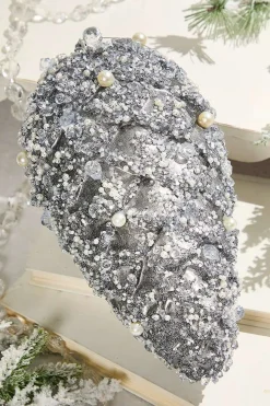 11" Pinecone Ornament with Jewel - Platinum