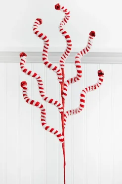 24" Red and White Fabric Peppermint Stripe Jingle Bell Spray