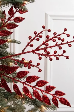 29” Red Glitter Smilax Berry Spray