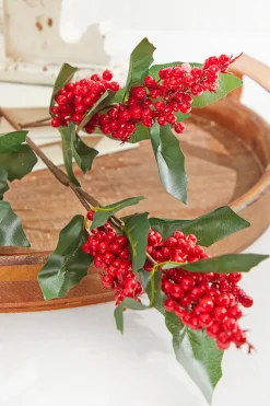 30” Red & Green Leaf Berry Spray