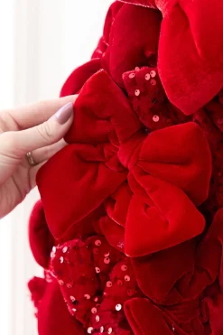 40" Red Velvet Sequin Bow Potted Cone Topiary