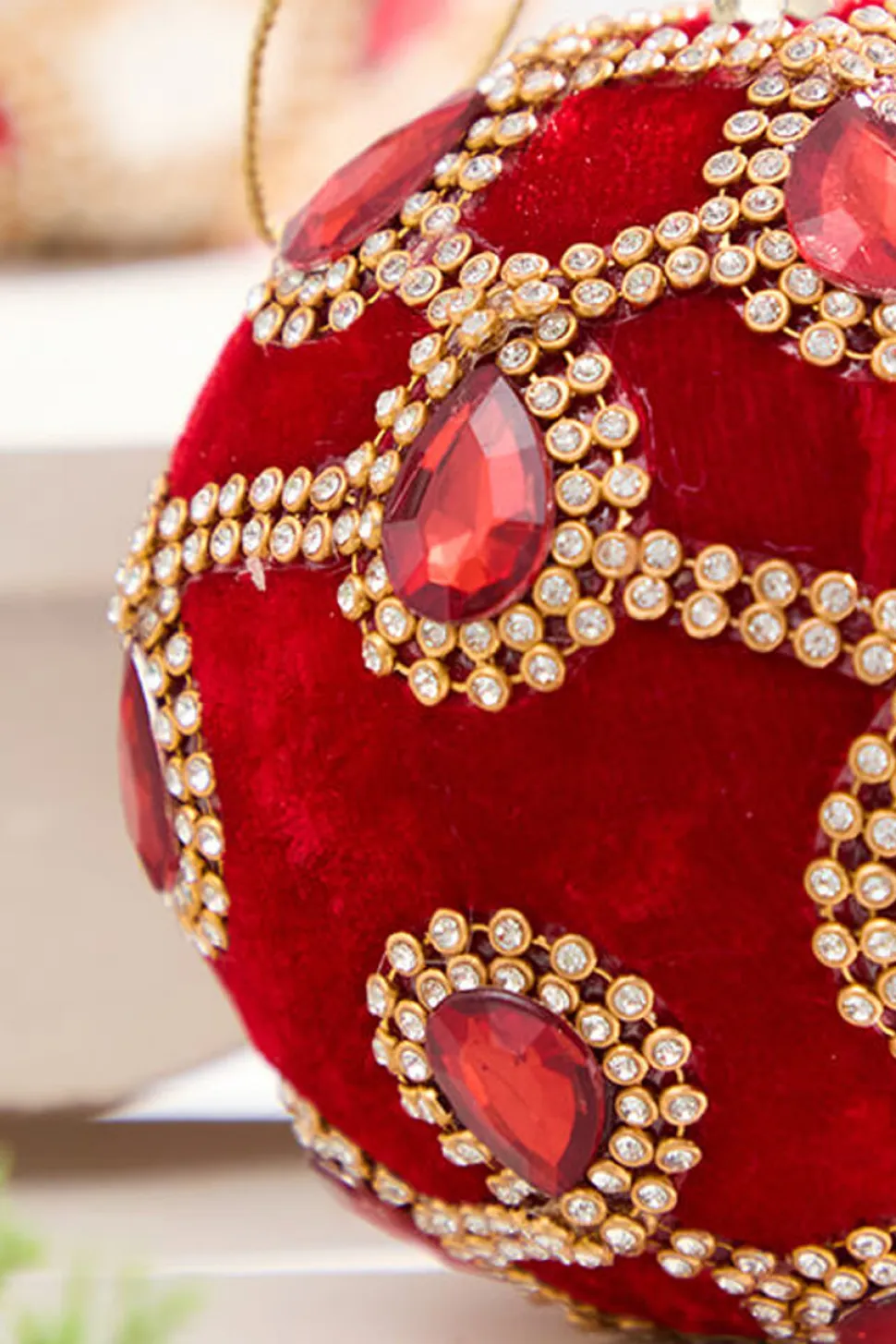 4" Red Velvet with Jewel & Rhinestone Ball Ornament