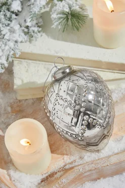 5" Silver Beaded Regal Burnished Mercury Glass Ornament