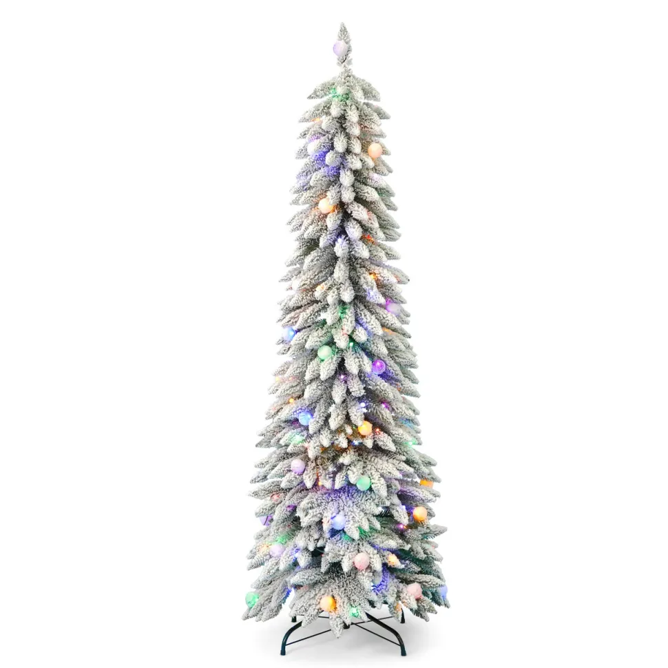 7' Slim Snow Kissed Pine Tree with 250 Multicolor LED Lights