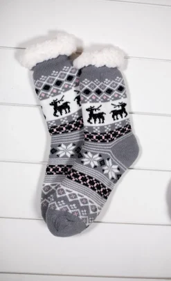 Snowflake Sparkle Deer Thermal Slipper Socks with Non-Slip Grippers