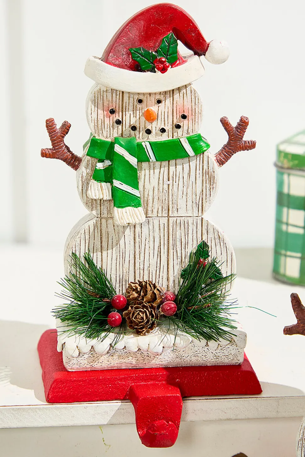 8.25" Snowman Stocking Holder with Pine And Berry Accent
