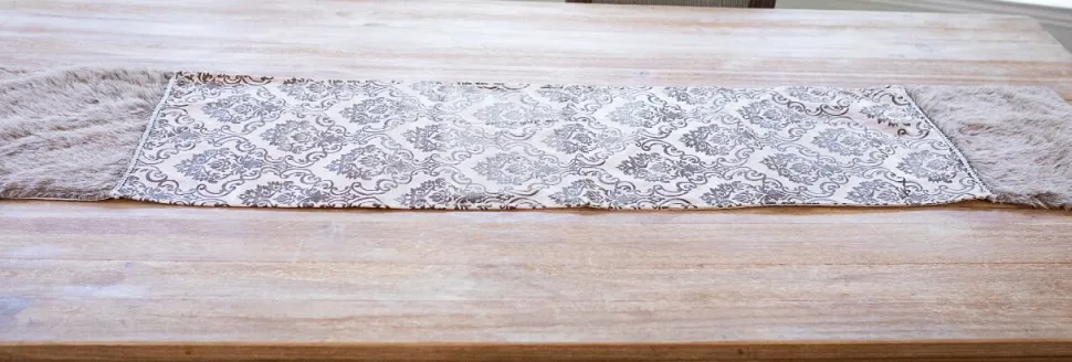 Taupe Printed Velvet with Fur Trim Table Runner (15"x72")