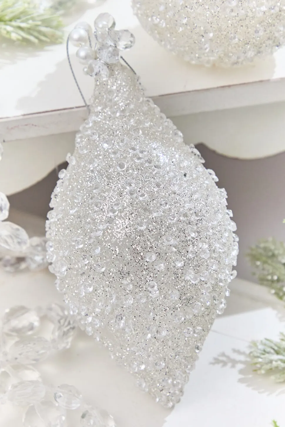4" - 6" White Beaded Glass Ornament