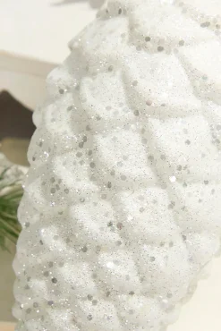 9" White Glitter Pinecone with Hanger