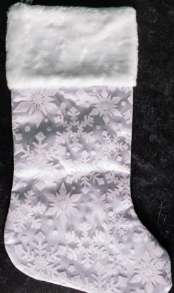 20” White Snowflake Glitter Print on Sheer Organza Stocking