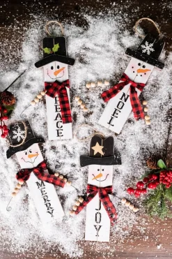 11.8” Wood Snowman with Buffalo Check Plaid Scarf Ornament