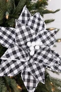 22” x 10.5" Black and White Plaid Poinsettia Stem with White Berries