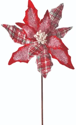 34” x 13" Frost Snowflake Plaid Velvet Poinsettia Stem