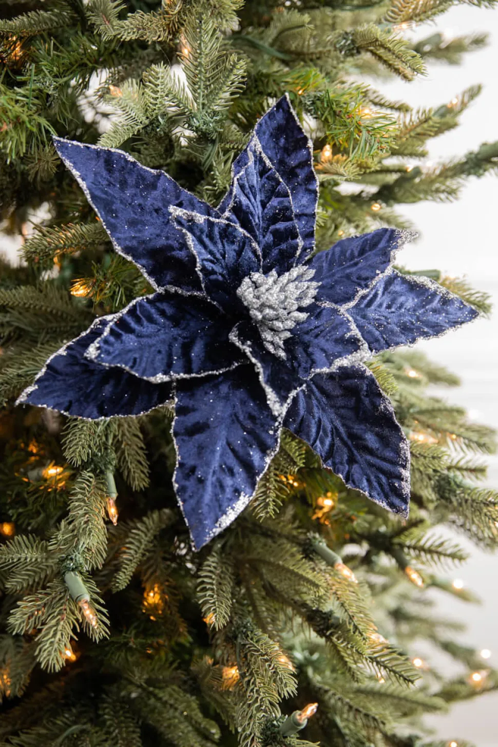 24” x 12.5" Navy Glitter Edge Velvet Poinsettia Stem