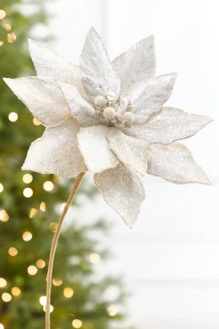 21" x 10.5" Platinum Glitter Poinsettia Stem