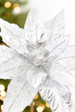 24" x 10" Silver Glitter Edge & Bead Poinsettia Stem
