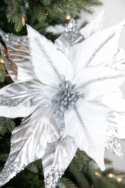 31” x 17" Silver & White Sequin Glitter Poinsettia