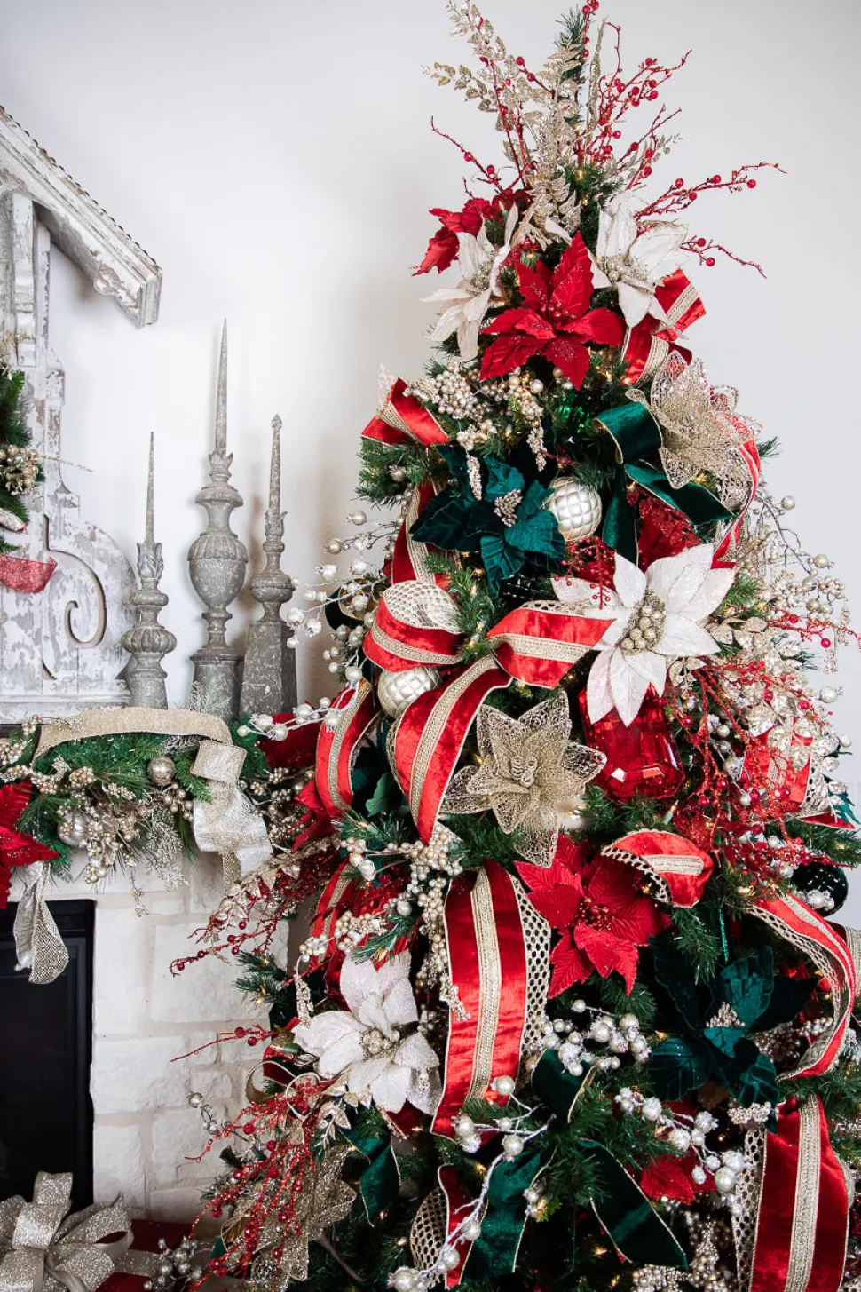 24” x 12.5" Velvet Sequin Stripe Poinsettia Stem