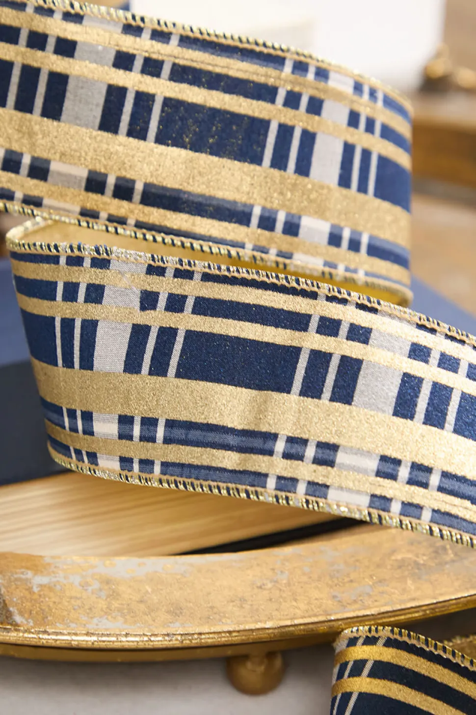 2.5" x 10 Yard Blue and Gold Plaid Ribbon