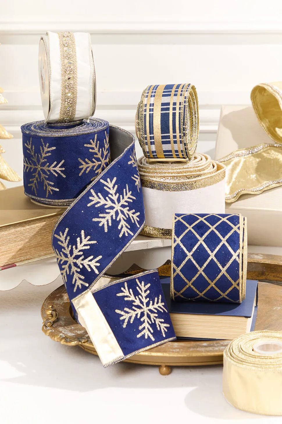 4" x 10 Yard Blue Velvet with Gold Diamond Pattern Ribbon