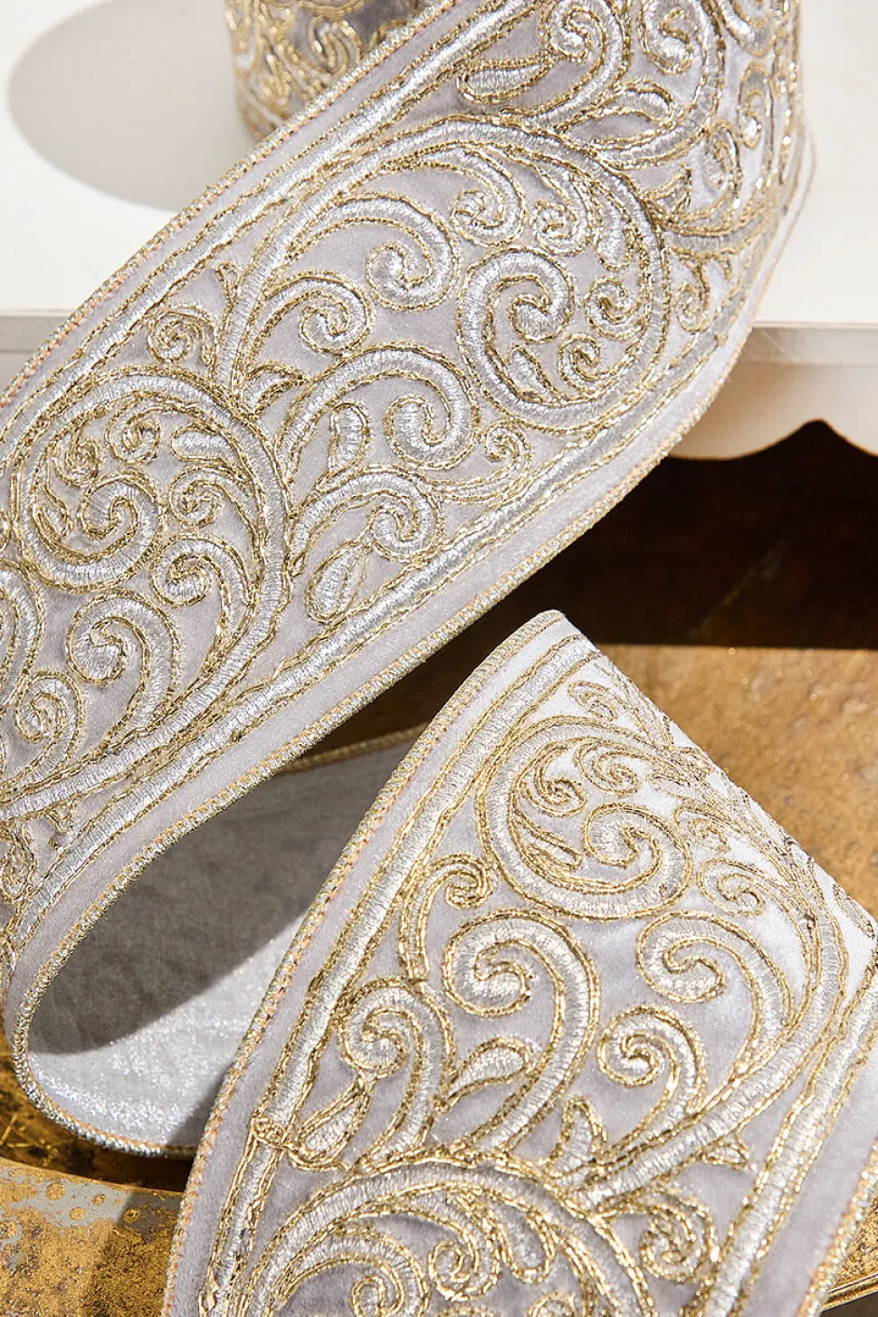 4" x 5 Yard Gold Embroidered Silver Velvet Ribbon