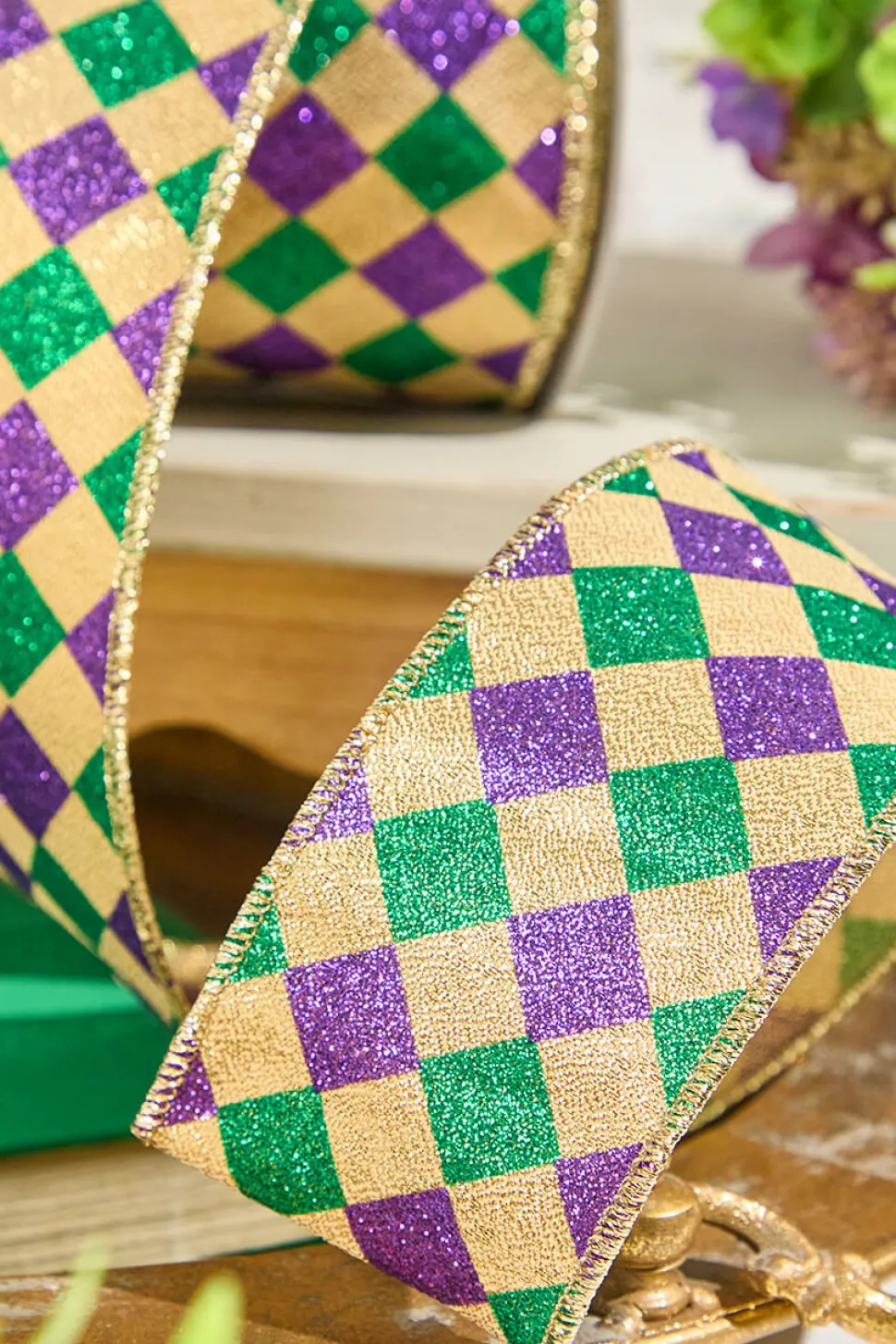2.5" x 10 Yard Gold, Green & Purple Diamond Patterned Ribbon