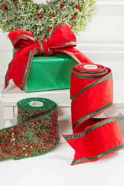 4” x 5 Yard Red & Green Piping Velvet Metallic Dupion Ribbon