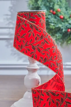4" x 10 Yard Red Velvet With Vine Wired Ribbon