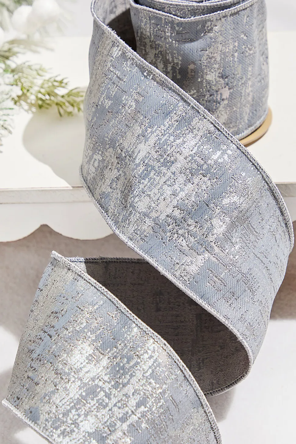 4" x 5 Yard Silver Jacquard Dupion Ribbon