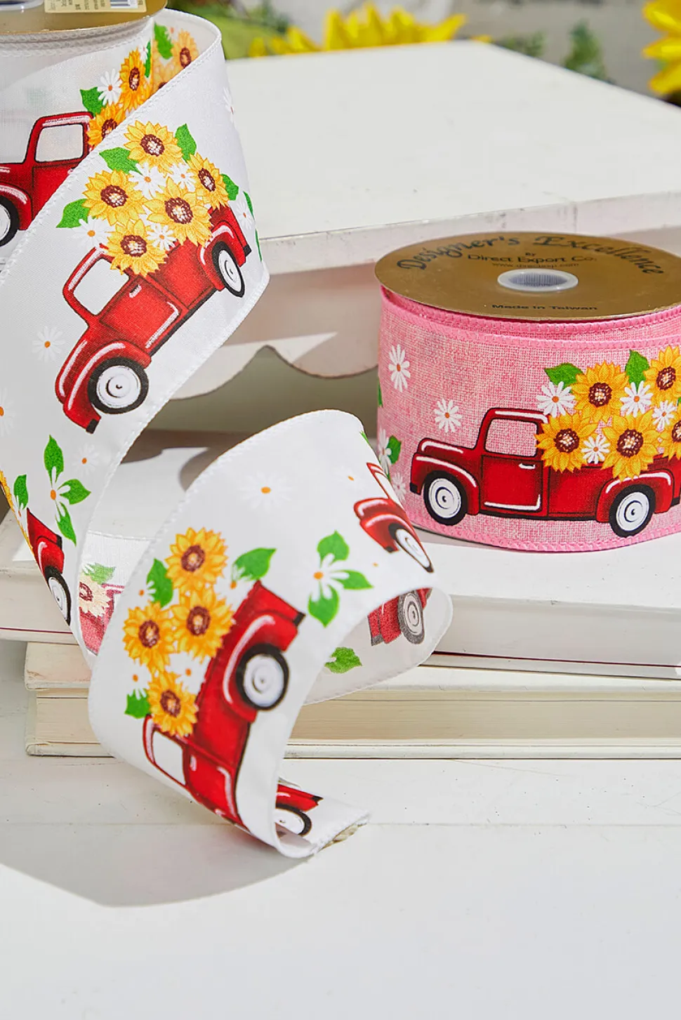 2.5" x 10 Yards Truck with Flowers White Ribbon