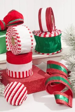 2.5" x 10 Yard White Dupioni with Red & White Piping Ribbon